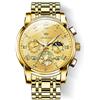 OLEVS Orologio da polso da uomo, due tonalità, in acciaio inox, al quarzo, cronografo con diamanti, fasi lunari, quadrante oro, blu, nero, impermeabile, luminoso