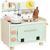 Janod Cucinino Legno-Cucina per Bambini con Quattro Utensili e 10 Accessori Inclusi-Boutons Rotatifs Sonores-Jouet Imitation et Eveil-da 2 Anni, J06640, Colore Verde