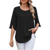 GUCURIN Camicetta da Donna in Chiffon Scollo Rotondo Casacca Elegante Casual Top a Maniche 3/4 Abbigliamento alla Moda Camicia Chic Blusa Solido 2025 Ufficio Vacanze Lavoro, Nero, L