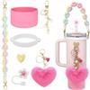 TTPSRY Stanley Cup Accessori 7 Pezzi Set Manico Bottiglia d'Acqua Copertura Cannuccia Custodia in Silicone Pompon Ciondolo Accessories per Bicchieri da 1200 ml e 850 ml Coppe Non Incluse (Rosa scuro)