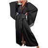 Generisch Negligee - Accappatoio da donna in raso nero, abito da notte da donna, lungo, elegante, sexy, a maniche lunghe, con cintura, con scollo a V, tinta unita, comoda da notte, Nero , s