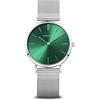 BERING 14134-008 Orologio da donna al quarzo, orologio da polso con cassa in acciaio inossidabile color argento da 34 mm e quadrante verde, cinturino in maglia milanese, vetro zaffiro, 3 ATM