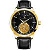 BOLYTE Orologio da uomo antico a carica automatica, 24 ore con quadrante solare e luna, scheletro cavo con cinturino in pelle, Oro nero, Cinturino