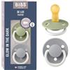 BIBS De Lux Ciuccio confezione da 2 pezzi. Privo di BPA, Tettarella tonda. Lattice di gomma naturale, Misura 2 (6-18 mesi), Sage NIGHT/Cloud NIGHT