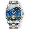 OLEVS Orologio da polso da uomo, due tonalità, in acciaio inox, al quarzo, cronografo con diamanti, fasi lunari, quadrante oro, blu, nero, impermeabile, luminoso