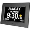Yuanzeco Sveglia con giorno e data per anziani, 3 display, calendario digitale da 7 pollici, cornice per foto, display dimmerabile automatico, 15 opzioni di sveglia, orologio con giorno e mese non