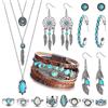 JeweBella Bohemien Turchese Gioielli Set per Donna Bohemien Collane con Ciondolo Orecchini Pendenti Piume Turchesi Perline Pelle Bracciale Vintage Knuckle Anello Impilabile Boho Occidentali Gioielli