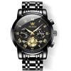 OLEVS Orologio da polso da uomo, due tonalità, in acciaio inox, al quarzo, cronografo con diamanti, fasi lunari, quadrante oro, blu, nero, impermeabile, luminoso
