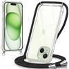 Oelrstfe Cover con Cordino per iPhone 15 Plus, Trasparente Silicone Custodia con Regolabile Collana Laccio Tracolla, Antigraffio Proteggere Case Corda per iPhone 15Plus, Nero