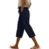 Voqeen Pantaloni Lino Donna Elastico in Vita Estivi con Tasche Leggeri Casual 3/4 Cava