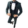 Botong Uomo Slim Fit Verde Scuro Abiti Da Sposa Tacca Risvolto 3 PC Set Giacca Gilet Pantaloni Sposo Smoking, Verde scuro, 50
