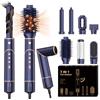 UKLISS Asciugacapelli Ionico Professionale 7 in 1 [110,000 RPM] Set Styling Capelli con Spazzola Arricciacapelli ad Aria Automatica, Pettine Lisciante e Accessori, 3 Livelli Temperatura e Velocità, Blu