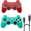 ＲＵＥＩＵＲＩ PS-3 Controller 2 Pack [2025 NEWEST] PS-3 Wireless Controller Playstation 3 Controller Wireless Bluetooth Gamepad with USB Charger Cable for PS-3 Console (Red+Green)
