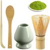 BAIFULAI 4 Pezzi Scopa Matcha Bambù con 80 Setole, 2 Cucchiai e Porta Pennello Ceramico Verde