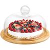GARNECK - Alzata per torte in legno con cupola in vetro, per cioccolatini, cupcake, caramelle, insalatiera, snack e vassoio da portata per matrimoni, compleanni, feste, 24 cm