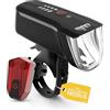 DANSI LED Light Set - Illuminazione per biciclette omologata StVZO con 60, 30 e 15 Lux | Illuminazione per biciclette a LED anteriore + posteriore | Regolazione automatica dell'illuminazione