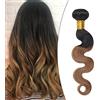 SEGO Extension Tessitura Capelli Veri Ricci Mossi Matassa Virgin Human Hair Brasiliani Shatush 100g 40cm #1BT30 Nero Naturale/Castano Ramato Chiaro