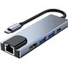 Loufy 1 pz Tipo C a RJ45 USB 3.0 HUB USB C Tipo C Splitter a docking station 4K compatibile con adattatore per computer portatile con PD RJ45 USB Grigio USB-C Hub