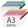 ASelected 24 Pezzi Buste con Zip A3, Portadocumenti A3 e Cartelline Portadocumenti in PVC Trasparente con Cerniera, 12 Colori per Disegni, Documenti e Archivio