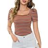 Aottori Maglietta Donna a Righe Manica Corta Elegante T-Shirt con Scollo Quadrato Estivo Top Elasticizzato Casual Shirt Slim Fit vestibilità Classica Marrone XL