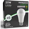 Eurocali 6x Lampadina LED E27 20W Opaca (2452 lumen pari a 150W) - Forma: Goccia - Bianco Naturale 4000K - Fascio Luminoso 310°