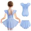 Arshiner Bambini Balletto Abbigliamento Sirena Estate Vestito da Balletto Senza Schienale Cotone Bambini Manica Corta Body Ballo Vestito da Ballo Tuta con tutù 6-7 Anni