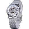 Forsining Orologio meccanico automatico da donna di lusso scheletro quadrante dorato cinturino in maglia in acciaio inossidabile numeri romani orologio a vento automatico, Argento, Bracciale