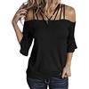 TANGLI Donne Top Spalle Scoperte Bluse a Manica Lunga con Cinghie V-Collo Maglietta Solida Blusa Manica Corta Magliette Estive Spalle Scoperte Arricciate Camicie in Pizzo Tees Eleganti