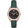 Emporio Armani Orologio da donna, movimento a tre lancette con data, cassa in acciaio inossidabile riciclato (almeno 50%) da 36 mm con cinturino in pelle, AR11506, Tono Oro Rosa e Glitter Verde, 36 mm