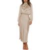 Generic Lime Prom Abiti per Adolescenti Donne Tinta Unita Collo Alto Raso Maniche Lunghe Elegante Slim Fit Vestito con Giacca, Beige, S