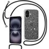 Tikgue Cover per iPhone 16, Custodia con Cordino Silicone Glitter Brillantini Trasparente Morbida Cover con Collana Sottile Protettiva Bumper Antiurto TPU Case - Nero