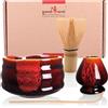 Goodwei Matcha Kit con Frusta Matcha, Ciotola Matcha e Supporto Frusta in ceramica con lo stesso design | Tazza Matcha Chawan tradizionale, 430 ml | The Matcha Set Regalo (120, Akai)