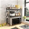 Mocosy Supporto da forno a microonde estensibile, organizer da cucina a 2 livelli con 3 ganci, ripiano in acciaio al carbonio, capacità di peso di 55 LB, nero (2 livelli)