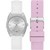GUESS P SLV CS W/CRYS/SUN SLV DL/WHT SMTH LTR STRP/PINK SMTH SILICONE STRP, Argento