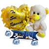 NARAMAKI® Idea Regalo Maestra - Peluche Orsacchiotto Con Mimosa Finta + Baci Perugina 37,5 + Cuscino Personalizzato a Cuore Sei Speciale- Regalo Mamma|Uomo|Donna