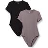 Amazon Essentials Body a Maniche Corte Aderente in Cotone Elasticizzato Donna, Pacco da 2, Grigio/Nero, XS