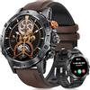 DekeFit Smartwatch Uomo Militare con Chiamate Bluetooth, 1.53'' IPS Orologio Fitness, 120+ Modalità Sport, IP68 Impermeabile Contapassi, Cardiofrequenzimetro SpO2 Sonno Android iOS, Nero Marrone Pelle