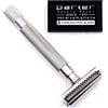 Parker Safety Razor Parker, THE SEMI SLANT, rasoio di sicurezza Double Edge e 5 ricariche per lame Parker - Manico in ottone massiccio cromato satinato elettrolitico - Offre una rasatura da barbiere a casa