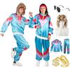 Gigquake Costume tuta Anni 80 Con Parrucca, Costume Anni 80 90 Uomo Donna Adulti Coppia Carnevale Vestiti Accessori 80 Tuta da Jogging Completo anni '80 Retrò Costumi Cattivo Gusto Maschera Cosplay Party