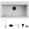 Quareco Set Lavello Quareco Prime 86×51 90 Granito Bianco e Miscelatore First Monocomando Canna Girevole Bianco