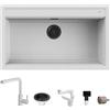 Quareco Set Lavello 86×51 Granito Bianco Prime 90 + Miscelatore Harmony Monocomando Doccetta Estraibile Bianco