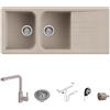 Quareco Kit Lavello 116x50 cm avena 2 vasche e gocciolatoio Prime + Miscelatore con doccetta estraibile Harmony