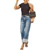 Generic Jeans da donna a vita alta elasticizzati con risvolto a gamba larga, jeans a vita alta, pantaloni casual a gamba larga con tasche, Blu scuro, XL