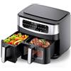 Gidgimo Friggitrice ad Aria XXL 10 litri Doppio Cestello, 50°C-230°C, Air Fryer con Finestra, 12 Programmi, Lavabile in Lavastoviglie, Touch Screen, Doppia Temperatura e Tecnologia SMART& MATCH Cook