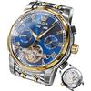 OLEVS Orologi da uomo automatici oro nero orologio meccanico orologio da polso con calendario Tourbillon impermeabile luminoso bicolore orologi uomo, blu/oro, Bracciale