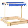 Easycomfort Sabbiera per Bambini in Legno con Panca e Tettuccio Parasole Regolabile, 120x120x120cm, Colore Legno e Blu