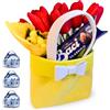NARAMAKI® Idea Regalo Maestre - Borsetta Gialla con Manici 15x14cm + 37,5gr Baci Perugina + Bouquet di Tulipani Colorati + Mazzo di Mimosa - Regalo Donna|Amica|Mamma