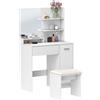 HOMCOM Toeletta Trucco con Specchio e Sgabello, Cassetto, Armadietto e Ripiani in Legno, Bianco