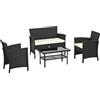 Outsunny Salotto da Esterno Rattan PE con Divano 2 Posti, 2 Poltrone con Cuscini e Tavolino in Vetro, Nero