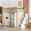 MOBETTRES Letto a soppalco 90 x 200 cm, con scala di sicurezza, struttura in legno di pino massiccio per bambini e ragazzi (legno naturale con armadio)